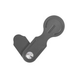 A plastic magnetic phone holder for laptop in grey, featuring a circular magnetic section and a logo.