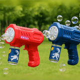 A red and a blue bubble gun, both with bottle attachments, shooting bubbles in a grassy outdoor setting.