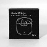 A black box containing Clarity BT Noise Cancellation Earphones, featuring a design outline of the earbuds inside.