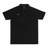 A black unisex polo shirt with a collar and a logo on the front.