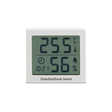 A white digital temperature and humidity thermometer displaying 25.5°C and 56% humidity, with a clock feature.