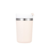 A drink mug in a soft pink colour with a stainless steel band and a white lid. It features a logo.