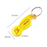 A drink bottle opener keyring in vibrant yellow with a circular keyring attachment and a logo on the surface.