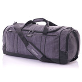 A grey duffle bag with multiple compartments and a detachable shoulder strap, featuring a logo.