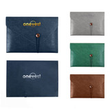 A set of PU leather folders in navy, grey, green, and brown, each featuring a button closure and a logo.