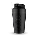 A drink bottle featuring a black design with measurement markings and a secure, flip-top lid, complete with a logo.