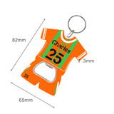 A drink bottle opener keyring shaped like an orange sports jersey with green stripes, featuring a metal opener.