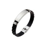 A stainless steel buckle latch bracelet with a sleek silver clasp and a black braided design.
