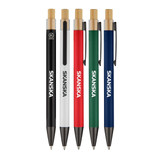 A set of five Sio Metal Pens in black, white, red, green, and blue, featuring a bamboo top and branding.