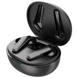 A pair of black wireless earbuds inside a charging case with a glossy finish and visible LED indicator lights.