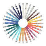 A circular arrangement of colourful pens, featuring various shades including blue, green, orange, and cream, with silver accents.