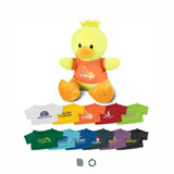 A yellow duck plush toy wearing an orange shirt, accompanied by various coloured t-shirts in multiple sizes and styles.