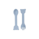Blue bear-shaped silicone kids cutlery set featuring a spoon and fork with bear head designs.