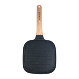 A square grill pan with a non-stick black surface and a wooden handle, featuring a logo on the handle.