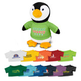 A penguin plush toy wearing a green shirt, displayed alongside various coloured shirts in different hues.
