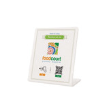 A white NFC review stand displaying instructions to tap or scan for reviews, featuring a logo and colourful graphics.