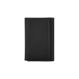 A black PU magnetic wallet with white stitching, featuring a sleek, minimalist design and a branded logo.