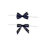 Two navy blue ribbon bows on white twist ties, one featuring the word "Forward" and the other "Chocolate".
