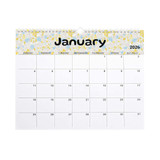 A horizontal wall calendar for January 2026 featuring a floral design at the top and a white grid layout.
