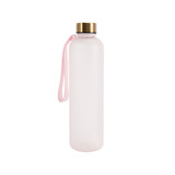 A drink bottle in a frosted pink finish with a gold lid and a pink strap, featuring a logo.