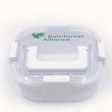 A white lunch box with a transparent lid, featuring a logo on the top. It has a secure clasp for closure.