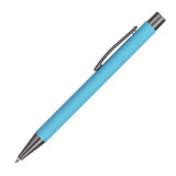 A blue aluminium pen with a sleek design and a metal clip. The pen features a smooth writing tip.