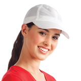 A white mesh sports cap worn by a woman with long hair, featuring a logo on the front.