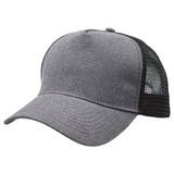 A grey heathered mesh trucker cap with a structured front and breathable black mesh sides, featuring a logo.