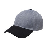 A curved cap featuring a grey heather top and a black brim, with a logo on the front.
