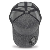 A grey trucker cap featuring a mesh back and a rounded peak, complete with a logo.