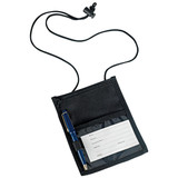 A black neck wallet featuring a transparent pouch, a pen, and an adjustable cord for easy carry.
