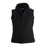 A black women's softshell vest featuring zippered pockets and a stand-up collar. It has a logo on the upper back.