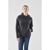 A women's performance hoody in dark grey, featuring a hood and a front pocket. It has a logo on the front.