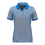 A women's poly cotton polo in grey with blue trim and a logo on the chest.