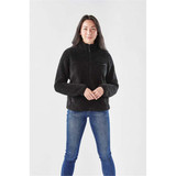 A black women's Bergen Sherpa fleece jacket with a zippered front and a small chest pocket, worn with blue jeans.