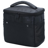 A black cooler bag with a zippered top, carrying handle, and external pockets, featuring a logo.