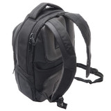 A black Exton laptop backpack features multiple compartments and mesh detailing on the straps for ventilation.