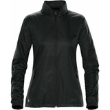 A dark green women's rain jacket with a zip front, high collar, and side pockets. It features a branding logo.