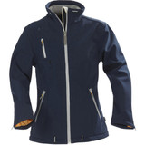 A women's navy softshell jacket featuring a zip front, multiple pockets, and a contrasting inner lining.