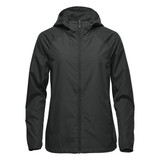 A women's wind jacket in dark green, featuring a hood and a sleek, lightweight design. It has a logo on the sleeve.