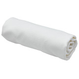 A rolled white sports towel displayed in a container, featuring a logo. Ideal for gym or outdoor activities.