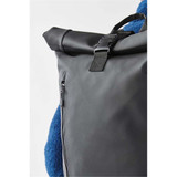 A black waterproof backpack featuring a roll top, adjustable strap, and a zipped pocket.