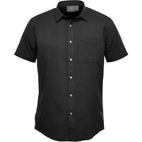 A black short-sleeve button-up shirt featuring a pocket and a logo.