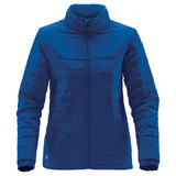 A blue women's quilted jacket featuring a zip front and stand-up collar, with a logo on the side.