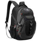 A black Swissdigital Vector Backpack featuring multiple compartments and a logo, designed for carrying laptops.