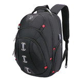 A black Swissdigital Pixel Backpack featuring red accents, multiple compartments, and a branded logo.