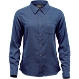 A women's button-up shirt in a dark blue fabric with a collar, featuring a chest pocket and logo branding.