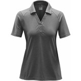A women's polo shirt in a heathered grey colour with a collar and short sleeves, featuring a logo.