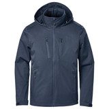 Men's Scirocco Lightweight Shell in dark navy, featuring a hood and multiple zippered pockets. Includes branding.