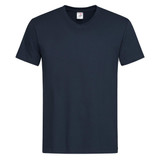 A navy blue men's classic V-neck T-shirt with short sleeves. The shirt features a label and has a simple design.